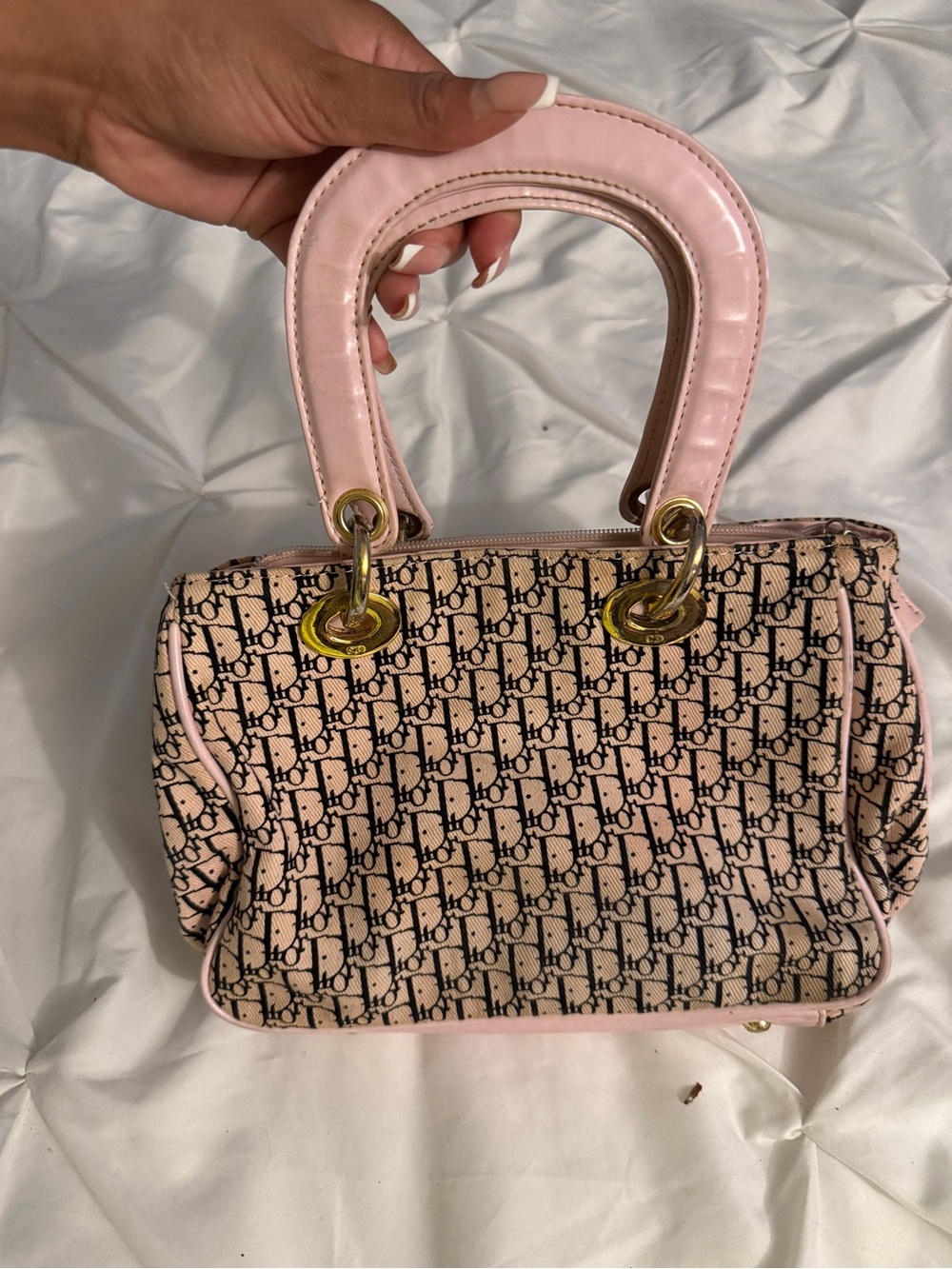 Pink Patterned Satchel with Glossy Top Handles